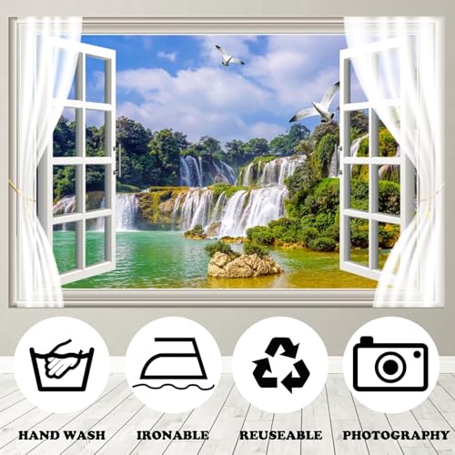 Fabric 7x5ft Waterfall Scenery Backdrop Outside Window View Spring Natural Landscape Photography Background Mountain Forest Birds Wallpaper Artistic Portraits Photo Studio Props