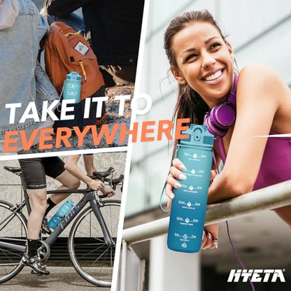 Hyeta Plastic Water Bottle With Straw & Time Marker, 32oz Leakproof Jug - color: Blue-Blue Ombré