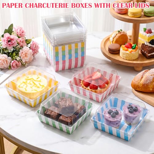 100 Pcs 5 Inch Small Charcuterie Boxes with Clear Lids Cake Slice Containers Striped Paper Bakery Boxes Disposable Food Containers for Dessert Cookie Sandwich Mini Cake Strawberry