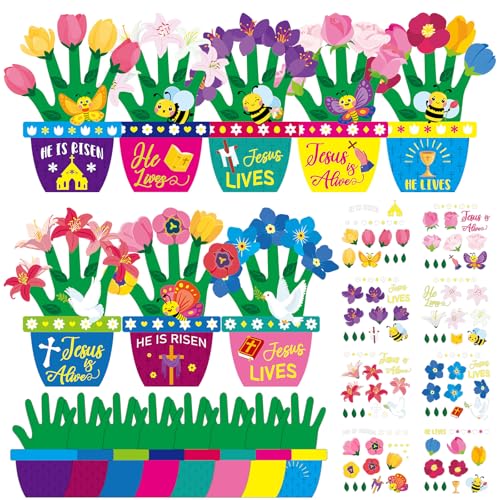 Frienda 48 Sets Easter Religious Crafts Easter He is Risen Christian Crafts DIY Hand-Print He is Risen Arts Kit for Activities Party - style: Handprint