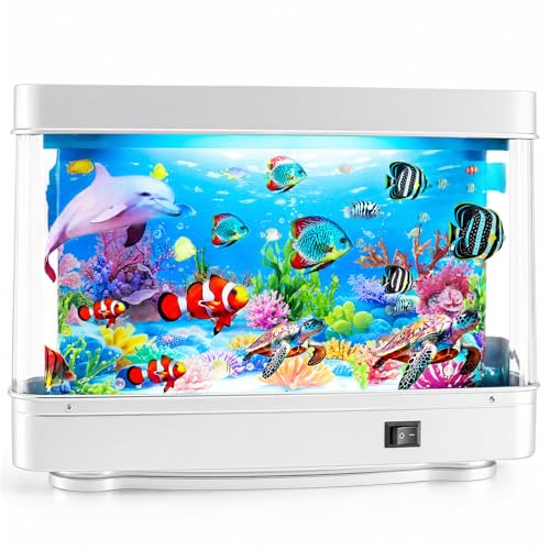 Frutiger Aero Fish Lamp, Artificial Tropical Aquarium (Dolphin Theme), Fake Fish Tank Desktop Decor, 100% QC Passed Moving Ocean Lamp (No-Water, 110V) for Office Stress Relief & Retro Gift - color: Silver - Dolphin & Turtle