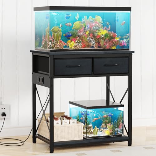 20-29-37 Gallon Fish Tank Stand with Power Outlet, Heavy Duty Metal Aquarium Stand with Two Storage Drawers for Fish Tank Accessories Storage, Perfect for Turtle Tank, Reptile Terrarium, Black - color: Black, size: 20-29-37 Gallon