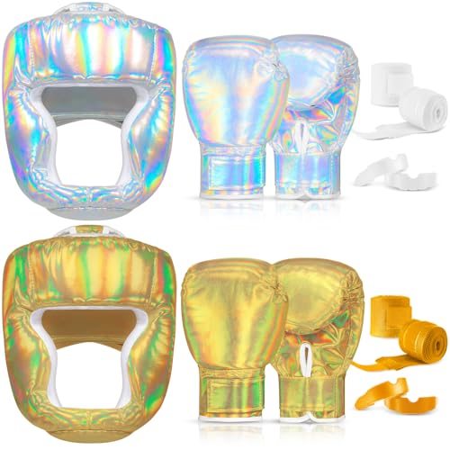 Kanayu 14 Pcs Boxing Gloves and Headgear Set for Beginners Youth 16 Ounce Boxing Gloves Headgear Helmet Hand Wraps Mouth Guards Equipment for Beginners Training Equipment Gifts - color: Holographic Color