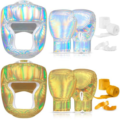 Kanayu 14 Pcs Boxing Gloves and Headgear Set for Beginners Youth 16 Ounce Boxing Gloves Headgear Helmet Hand Wraps Mouth Guards Equipment for Beginners Training Equipment Gifts - color: Holographic Color
