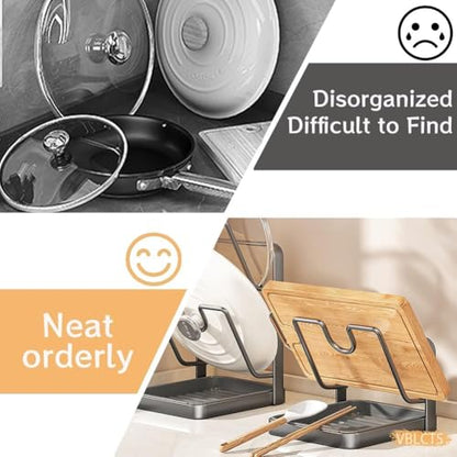 Pot Lid Rack, Cutting Board & Utensil Holder Black | Space-saving rust-proof steel storage holds lids, boards, spoons and chopsticks