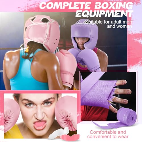 Kanayu 14 Pcs Boxing Gloves and Headgear Set for Beginners Youth 16 Ounce Boxing Gloves Headgear Helmet Hand Wraps Mouth Guards Equipment for Beginners Training Equipment Gifts - color: Purple, Pink