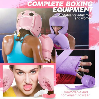 Kanayu 14 Pcs Boxing Gloves and Headgear Set for Beginners Youth 16 Ounce Boxing Gloves Headgear Helmet Hand Wraps Mouth Guards Equipment for Beginners Training Equipment Gifts - color: Purple, Pink