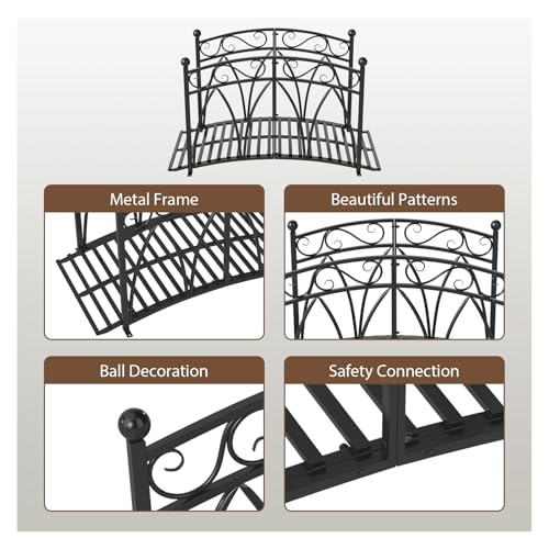 4 Ft Garden Bridge - Metal Footbridge for Outdoors, Safety Side Rails with Fashionable Patterns, Decorative Garden Arch Walkway for Stream, Creek, Pond, Black