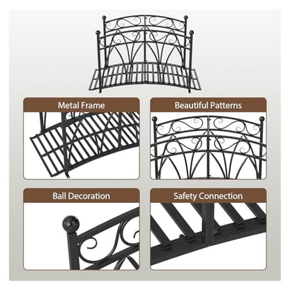 4 Ft Garden Bridge - Metal Footbridge for Outdoors, Safety Side Rails with Fashionable Patterns, Decorative Garden Arch Walkway for Stream, Creek, Pond, Black