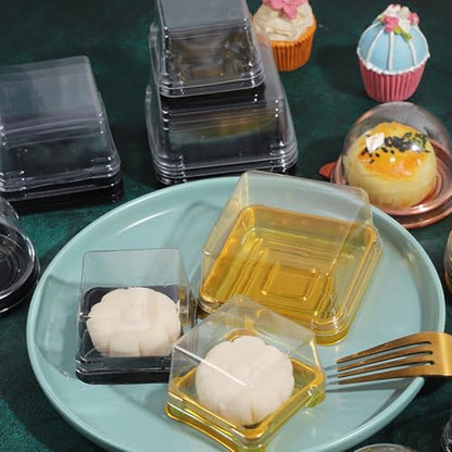 50Pcs Square Plastic Cake Boxes with Lids, 2.73" Clear PET Dessert Containers for Cupcakes, Muffins, Pastries, Bakery Packaging for Wedding, Birthday, Party Favors (black base) - color: black base