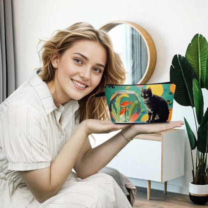 Cat Near Fish Tank Makeup Bag Cute Small Organizer Bag with Zipper Cat Near Fish Tank Cosmetic Bag Aesthetic Birthday Present for Women Sisters Friends -2