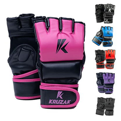 Kruzak MMA Gloves, Half-Finger Boxing Mitts with Hand Wraps - color: Pink, size: Small-Medium