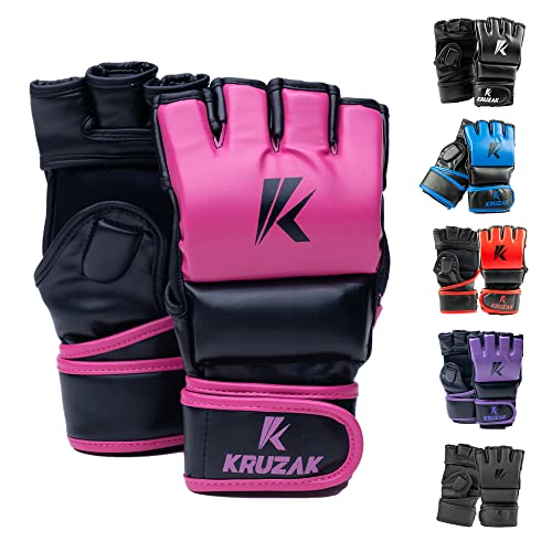Kruzak MMA Gloves, Half-Finger Boxing Mitts with Hand Wraps - color: Pink, size: Large-X-Large
