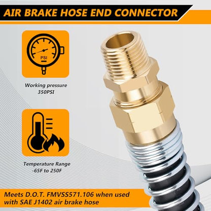 Air Brake Hose End Fitting, DOT Brass 1/2” Hose x 3/8” Male Connector with Spring Guard, Air Brake Line Fittings - 8 Pack Brake Repair End Fitting & 8 Pack Sleeve Tubes - size: 1/2" Hose X 3/8" Male, style: 16PCS KIT