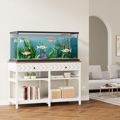 40-50 Gallon Aquarium Stand, Fish Tank Stand with Power Outlets and Drawers, Heavy Duty Metal Reptile Tank Stand for Turtle, 911LBS Capacity, White and Brown (No Aquarium) - color: White and Brown