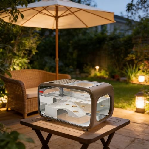 Desktop Fish Tank 3.17 Gal, HIPS + AS Aquarium Kit with Built-in Climbing Frame & Top Feeding Hole, Easy Clean Small Fish Bowl for Betta Guppy Shrimp, Modern Home Office Desk Decor Brown