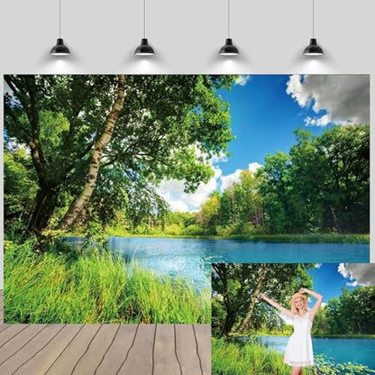 Polyester 6x4ft Park Scenery Backdrop River Blue Water and Tree Forest Garden Blue Sky Outdoor Picnic Spring Background Camping Hiking Photo Background Countryside Field Backdrop - size: 6x4ft