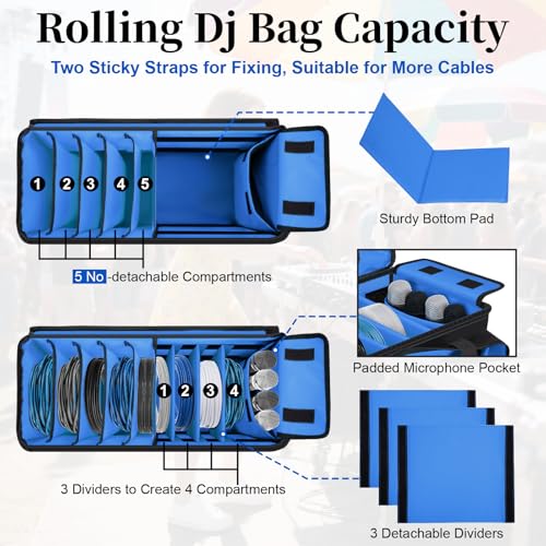 Large Rolling Dj Cable Bag with Detachable Dividers, Bottom Pad - color: Blue, style: Rolling Dj Cable Bag
