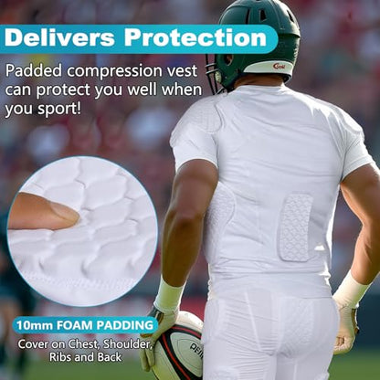 New Football Rib Chest Protector Shirt Padded Compression Shirts 6 Pads Adult Sizes Dark Black - color: White, size: Small
