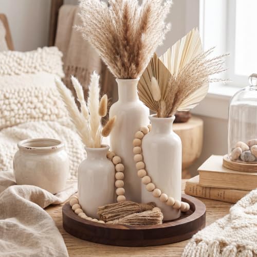 5 Pcs Rustic Country Tabletop Centerpieces Decor Set of 3 Boho Ceramic Vases with Wooden Serving Tray Wood Bead Garland Tassels Table Holder for Home Decorations(Dark Brown)