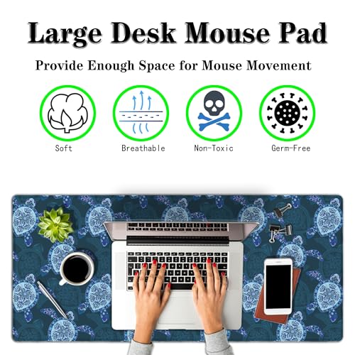Computer Desk Mat Blue Mats, Gaming Mouse Pads Big Mouse Pad, Desk Pads Large Non-Slip Rubber Base Waterproof with Stitched Edges, 35.4 X 15.7 inch for Work/Game/Office/Home Turtle Pattern - color: Blue Turtle Pattern