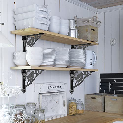 SELEWARE Heavy Duty Shelf Brackets 12 Inch, Bird Shelves Brackets, 300LB Capacity Decorative Metal L Brackets for Floating Shelves, Black Rustic Wall Mount Shelving Bracket with Screws, 2 Pack