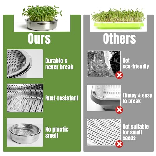 2 Pack 304 Stainless Steel Seed Sprouter Trays, 2-Tier Soil-Free Microgreens Growing Kit, Rust-Free Round Sprouting Tray with Mesh Pads for Sprouts Beans Alfalfa Wheatgrass