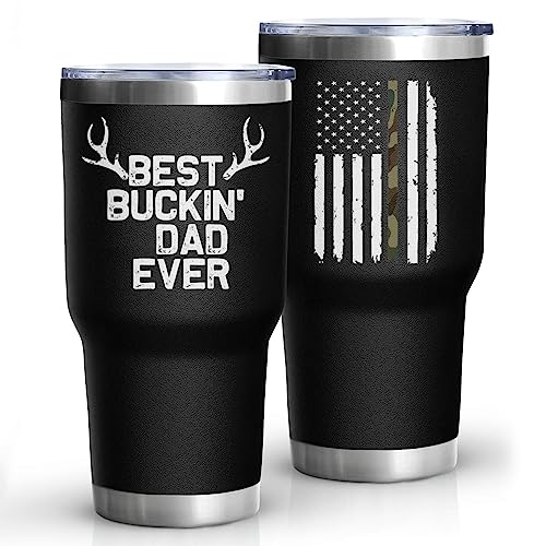 Dad Gifts for Men BEST BUCKIN' DAD EVER Tumbler 30 Oz Stainless Steel Insulated Cup Coffee Mug with Lid and Straw Mens Father's Day, Christmas and Birthday Gifts Idea - color: DAD-Hunting-01
