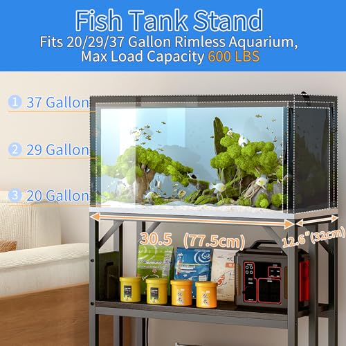 20-29-37 Gallon Fish Tank Stand with Power Outlet,Adjustable Aquarium Stand, Heavy Duty Terrarium Stand,Metal Frame Reptile Turtle Tank Stand Suitable for Home Office,600LBS Capacity, Black - color: Black, size: 20-29-37 Gallon