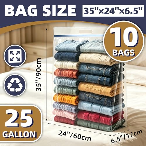 25 Gallon Large Storage Bags, 4 Mil Thick Clear Heavy Duty Plastic Bags with Zipper and Handles, 10 Pack 24"x35" for Clothing, Pillows, Moving and Travel - size: 10 Jumbo