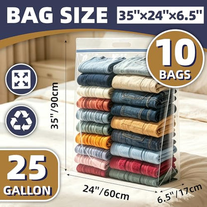 25 Gallon Large Storage Bags, 4 Mil Thick Clear Heavy Duty Plastic Bags with Zipper and Handles, 10 Pack 24"x35" for Clothing, Pillows, Moving and Travel - size: 10 Jumbo