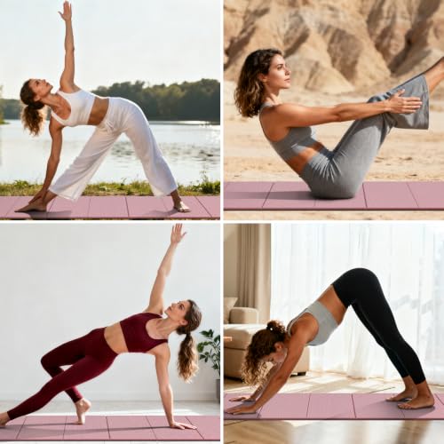 Foldable TPE Yoga Mat Thick 10mm,75" x40"Extra Large Exercise Mats - color: Pink