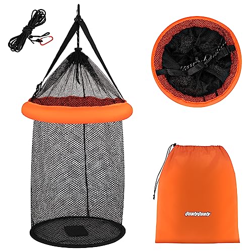 Floating Fish Basket for Live Caught, 10/15 Gallons Foldable Fishing Holder Minnow Bucket Portable Collapsible Fishing Net Storage Cage for Live Fish Bait Live Well - color: Round, size: (10 GAL)-13*13*16IN