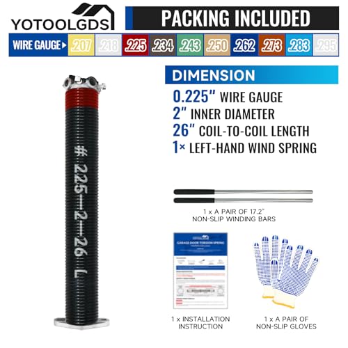 Left Hand Wind（Black Cone）2" Garage Door Torsion Spring with Non-Slip Winding Bars & Gloves, High Precision Electrophoresis Black Coated, for Replacement, MIN 16,000 Cycles (0.225x2''x26'') - size: 0.225X2"X26"-L