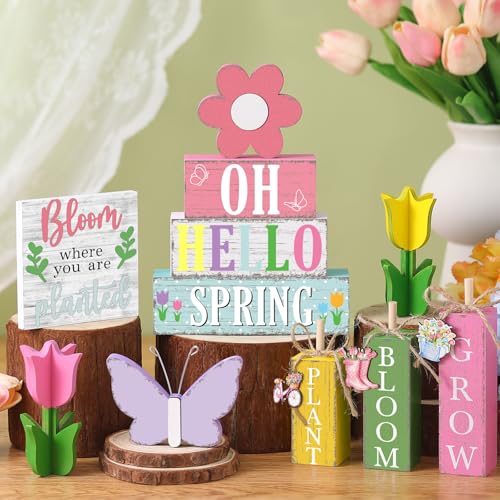 11 Pcs Spring Table Decorations Tulips Tiered Tray Decor Butterflies Home Centerpiece Decorative Wood Books Table Top Decor Flower Wooden Sign for Party Supplies - style: Spring