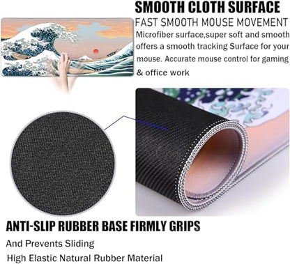 Japanese Large Mouse Pad,Desk Mat Office Desk Pad, Extended Large Mouse Mat for PC, Stitched Edges Gamer Mousepad 35.4 X 15.7 Inch Long Mice Pad, Sunset Sea - color: Sunset Sea, size: 35.4" x 15.7"