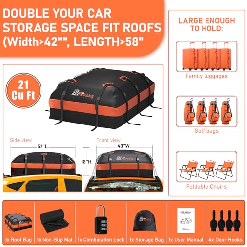 Asinking Car Rooftop Cargo Carrier Bag 21 Cubic feet Waterproof Car Roof Top Bag for All Cars with/Without Rack, Includes Anti-Slip Mat, 10 Reinforced Straps, 6 Door Hooks, Luggage Lock - size: 21 Cubic Feet
