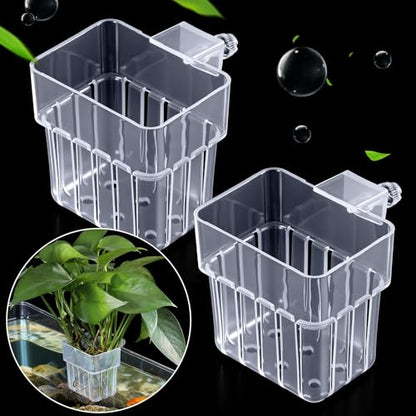 2 PCS Aquarium Plant Holder, Clear Top Hanging Fish Tank Plant Holders, Aquarium Planter Cups with Hook and Screws for Fish Tank Aquaponic Plant Cultivation and Aquascape Decorations