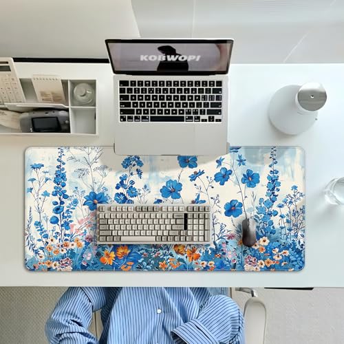 35.4 x 15.7 in, XXL Large Mouse Pad for Desk, Extended Keyboard Mouse Mat for Computer Office, Big Mouse pad with Stitched Edges, Gaming Pc-Blue Flower and Weeds - color: Blue Flower and Weeds