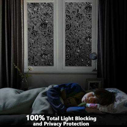 Total Blackout Window Film - 100% Opaque Frosted Privacy Film for High Privacy, Removable Static Cling (Tulip Design, 17.5 x 78.7 Inches) - color: Black, size: 17.5 x 78.7 Inch
