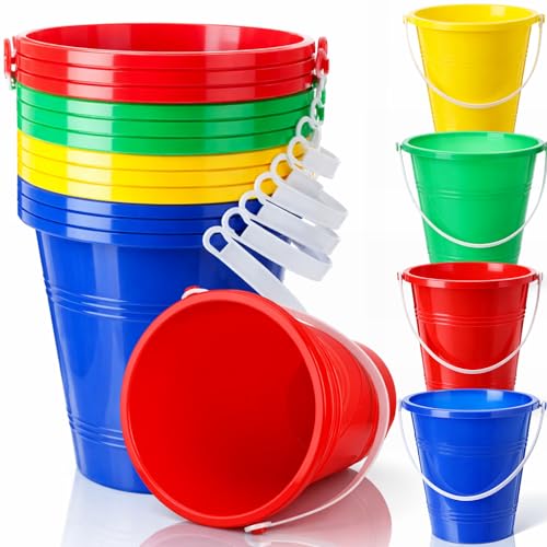 12 Pieces Beach Pails Sand Buckets for Boys and Girls Beach and Sand Toys at the Use for Molds at the Sandbox Summer Party Supplies, 4 Colors (7.5 Inch,Red,Yellow,Blue,Green)