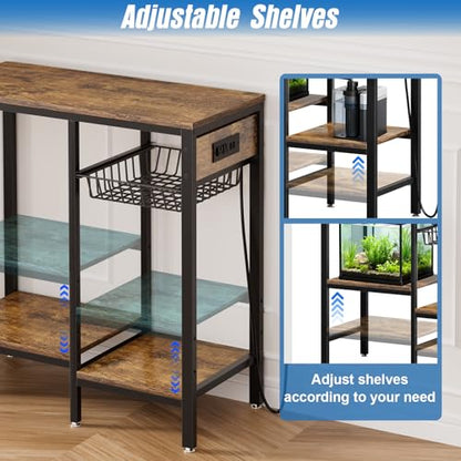 20 Gallon Fish Tank Stand with Power Outlet, Metal Aquarium Stand with Adjustable Shelves and Pull Out Wire Tray, Ample Storage for Fish Tanks Accessories, Reptile Tank Stands, Brown