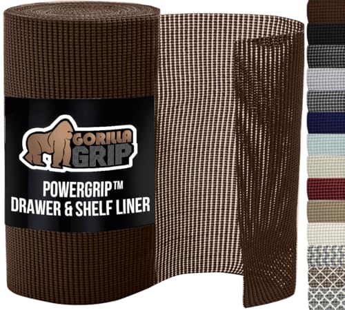 GORILLA GRIP powerGRIP Drawer Shelf and Cabinet Liner, Thick Strong Hold, Non-Adhesive Liners Protect Kitchen Cabinets and Cupboard, Bathroom Drawers, Easy Install, Breathable Mat, 12" x10', Chocolate - color: Chocolate, style: 12" x 10'