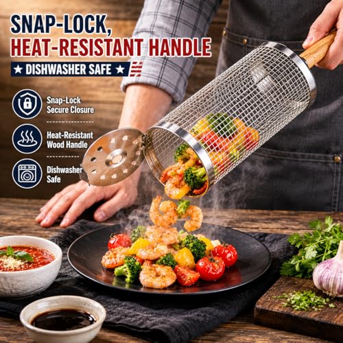 Rolling Grill Basket 2-Pack 304 Stainless Steel Grill Basket with Removable Wooden Handle, BBQ Grilling Net for Vegetables Shrimp veggie, Portable Camping Grill Accessories, Best Gifts for Dad/Husband/Men