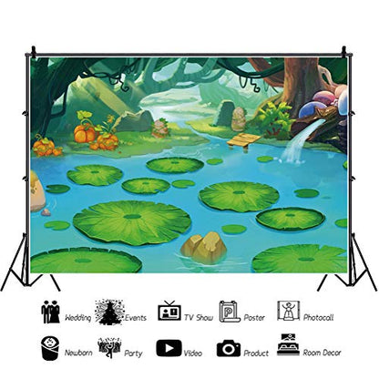 7x5ft Vinyl Lotus Leaves Backdrop Fairytale Lake Water Lily Lotus Leaf Duck Pond Rocks Background for Photography Kids Baby Birthday Party Decorations Photo Studio Props - size: 7x5ft