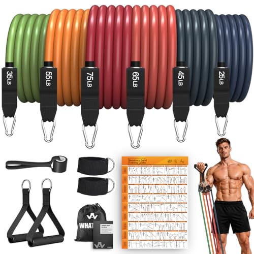 WHATAFIT Resistance Bands, 5 Level Exercise Bands with Handles for Workout | 10-30 lbs, stackable to 100. Natural latex, ankle straps, door anchor, guide. For strength, yoga,workout - color: 300LB-Orange-red