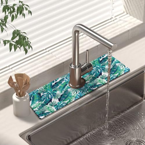 Kitchen Sink Splash Guard Faucet Mat 15" X 5.5" Tropical Leavesl Absorbent Fast Drying Mat Faucet Draining Mat Sink Splash Guard Behind Faucet Drip Catcher for Kitchen Bathroom - color: Leaf, size: 15*5.5in
