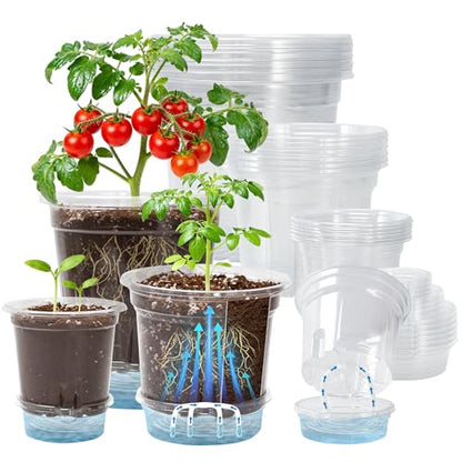 18 Pack 6.5/5/4 Inch Clear Self Watering Plant Pots with Bottom Water Tray & Watering Rope, Transparent Nursery Pots with Drainage for Seedlings, Herbs, and Houseplants