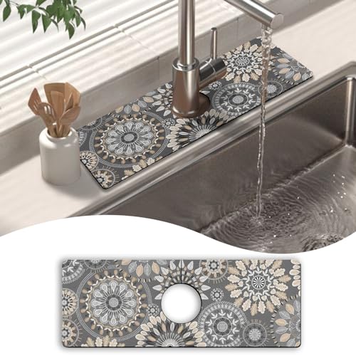 Kitchen Sink Splash Guard Faucet Mat 15" X 5.5" Mandala Absorbent Fast Drying Mat Faucet Draining Mat Sink Splash Guard Behind Faucet Drip Catcher for Kitchen Bathroom - color: mandala, size: 15*5.5in
