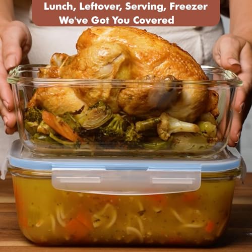 Razab 4 PC 1860ml / 63 Oz / 8 Cups Large Glass Food Storage Containers with Lids - Glass Meal Prep Containers for Roasting & Storing Leftover, Lunch Container with Lids, Microwave & Oven Safe - color: Light Blue